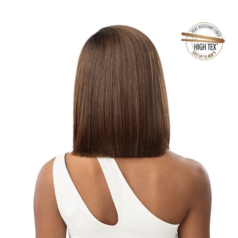 OUTRE 12 inch lace front wig straight blunt bob in medium brown with subtle highlights shown from back