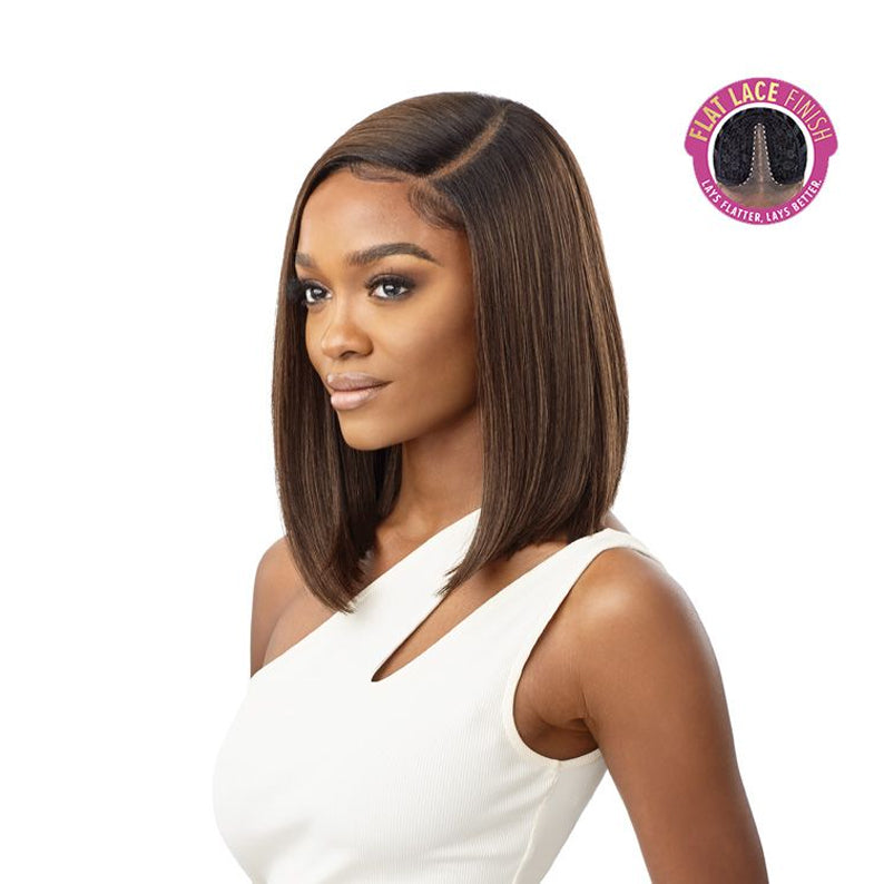 OUTRE 12 inch lace front wig straight brown shoulder length bob with subtle highlights and natural side part