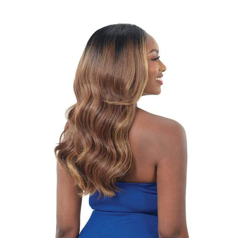 SHAKE N GO HD lace front wig long wavy brown with honey highlights and natural dark roots on model