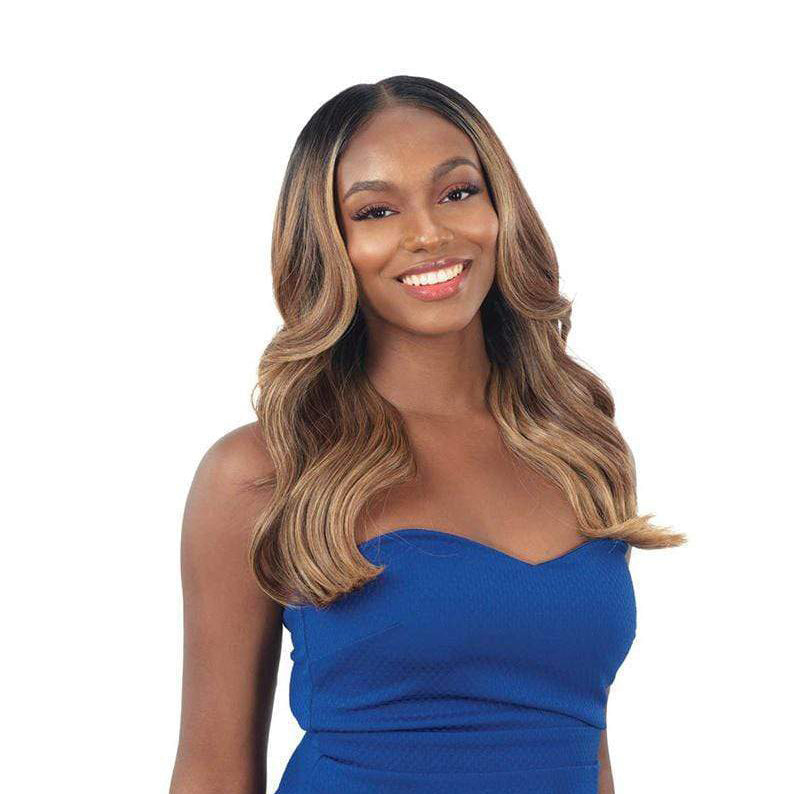 SHAKE N GO HD lace front wig long wavy brown blonde highlights with middle part on smiling model