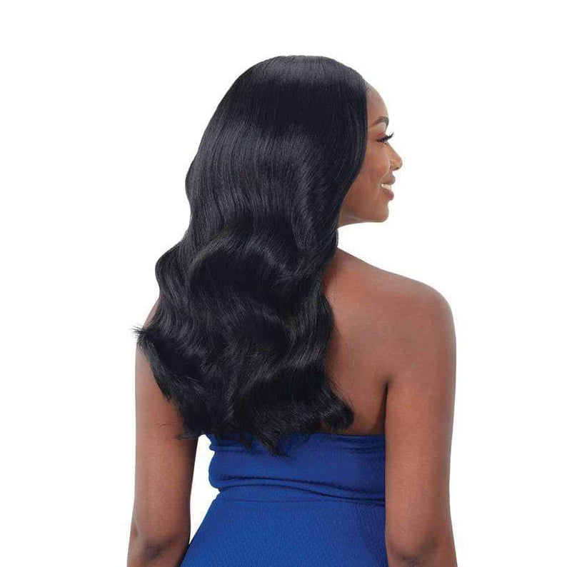 SHAKE N GO HD lace front wig long black wavy hair on model back and side profile