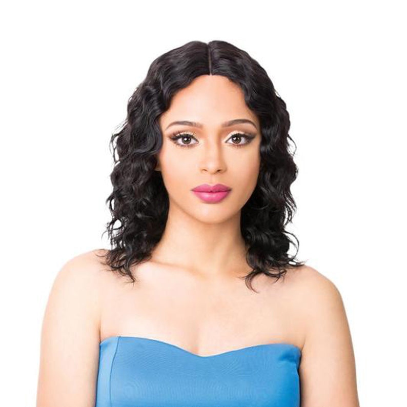 ITS A WIG human hair wet and wavy wig shoulder length middle part natural black on model