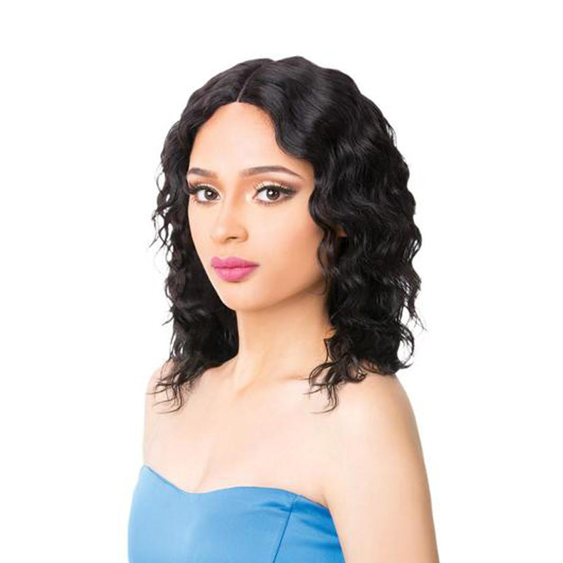 Model wearing black shoulder length human hair wet and wavy wig with center part natural glossy waves