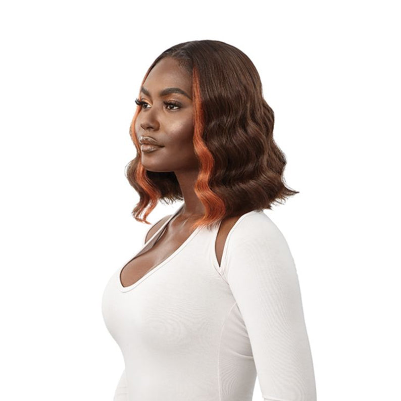 OUTRE lace front synthetic wig shoulder length wavy brown bob with auburn highlights and middle part