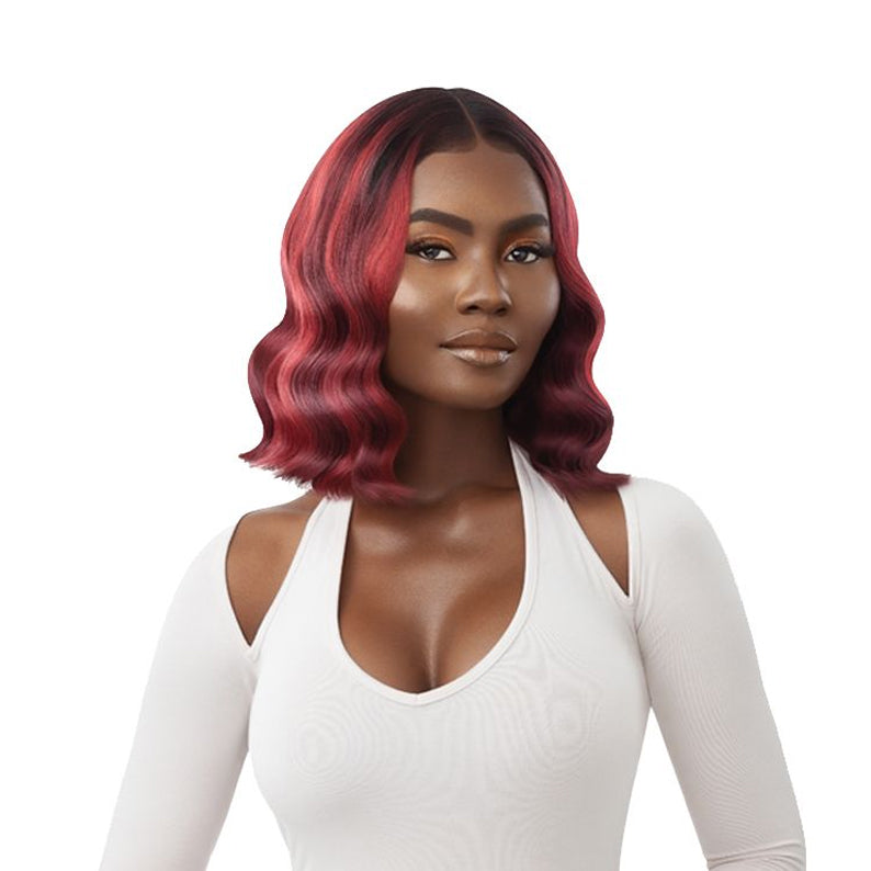 OUTRE lace front synthetic wig short wavy burgundy bob with black roots and middle part on model