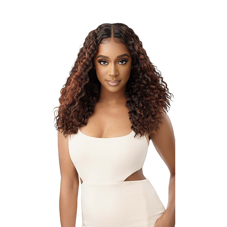 OUTRE melted hairline lace front wig curly shoulder length brown with auburn highlights center part