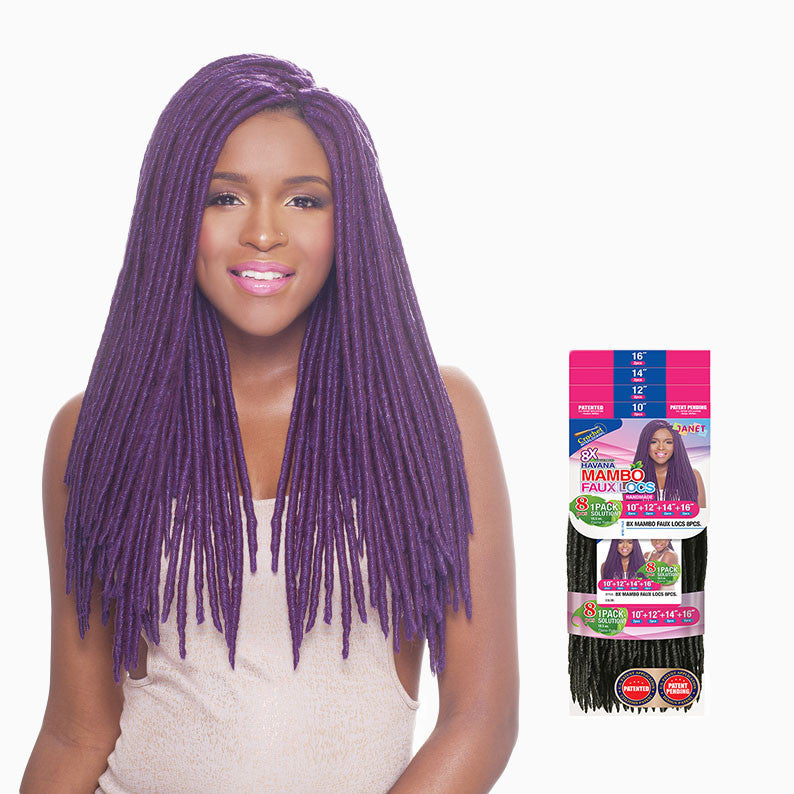 Janet mambo faux locs braids in vibrant purple worn by model with long braided hairstyle