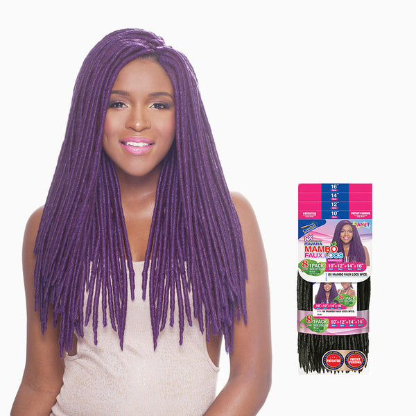 Janet mambo faux locs braids in vibrant purple worn by model with long braided hairstyle