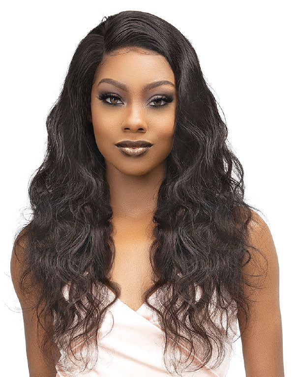 JANET model wearing Virgin Brazilian body wave hair bundle long natural black waves for styling