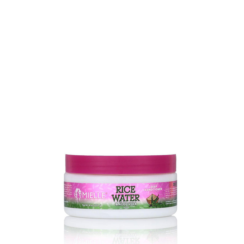MIELLE jar of rice water aloe deep conditioner in pink white tub for strengthening and hydrating hair