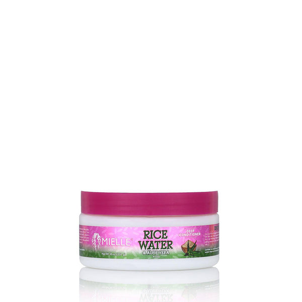 MIELLE jar of rice water aloe deep conditioner in pink white tub for strengthening and hydrating hair