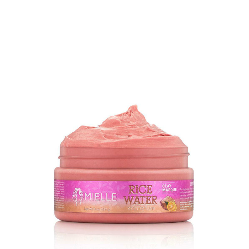 MIELLE jar of pink rice water clay masque for hair with visible label on white background