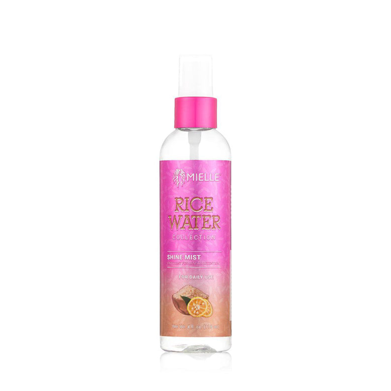 MIELLE rice water shine mist for hair bottle with pink label citrus image and spray cap for shiny sealed ends