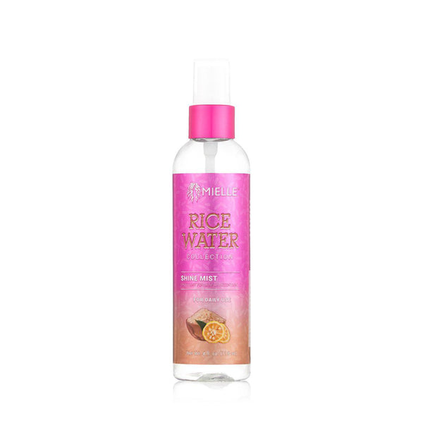 MIELLE rice water shine mist for hair bottle with pink label citrus image and spray cap for shiny sealed ends