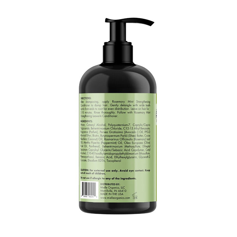 MIELLE rosemary mint strengthening conditioner black pump bottle showing green back label and ingredients