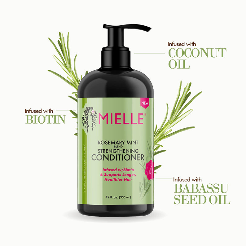 MIELLE rosemary mint strengthening conditioner pump bottle with green label rosemary sprigs and coconut oil