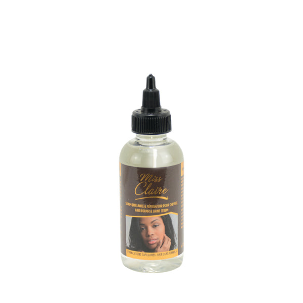 Miss Claire hair repair and shine serum clear plastic bottle with black nozzle applicator and label photo