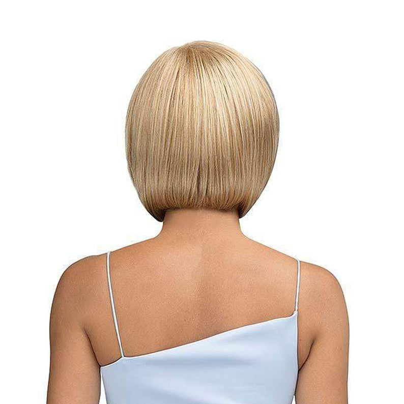 Bobbi Boss short blonde bob wig shown from the back on a model wearing a white top