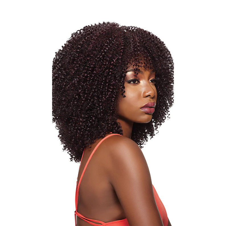 OUTRE curly afro braid hairstyle in dark brown worn by woman with smooth skin and makeup