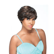 SENSATIONNEL synthetic short wig for women in layered brown with side swept bangs on model