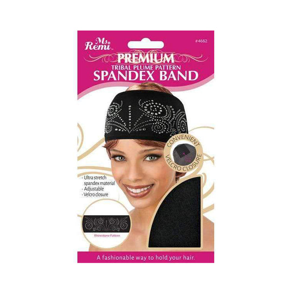 ANNIE tribal pattern spandex hair band in black with rhinestone design and adjustable Velcro closure