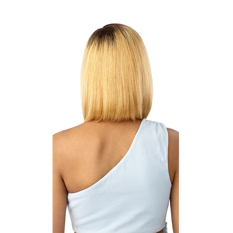 OUTRE 100 human hair bob wig straight blonde with dark roots blunt shoulder length back view