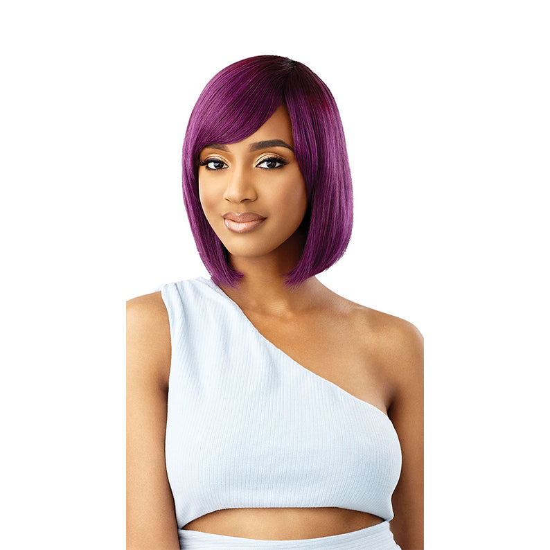 OUTRE 100 human hair bob wig in vibrant purple on model with sleek straight bob and side swept bangs