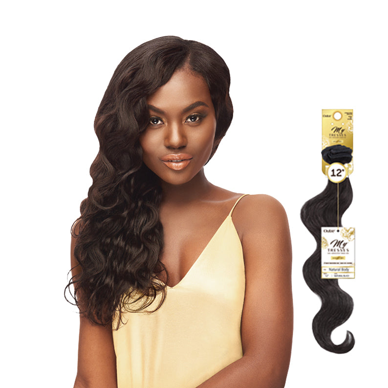OUTRE 100% unprocessed human hair weave long wavy natural black hair on model with bundle