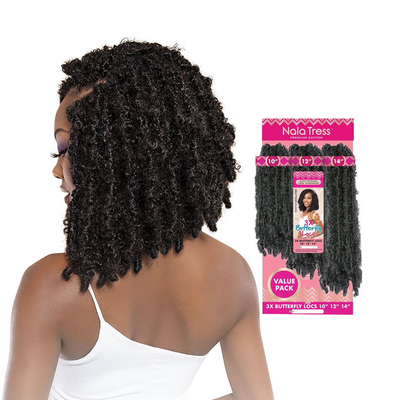 Janet butterfly locs crochet hair braids in natural black shown on model and in packaging