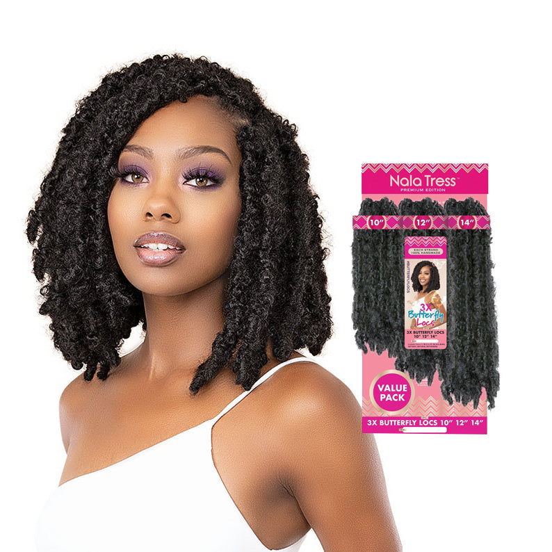 JANET butterfly locs crochet hair braid in natural black shown on model with curly textured bob style