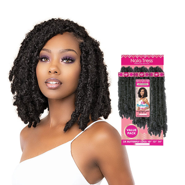JANET butterfly locs crochet hair braid in natural black shown on model with curly textured bob style