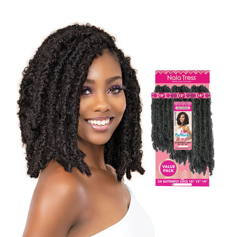 JANET butterfly locs crochet hair braids in black styled on a smiling woman with packaging shown