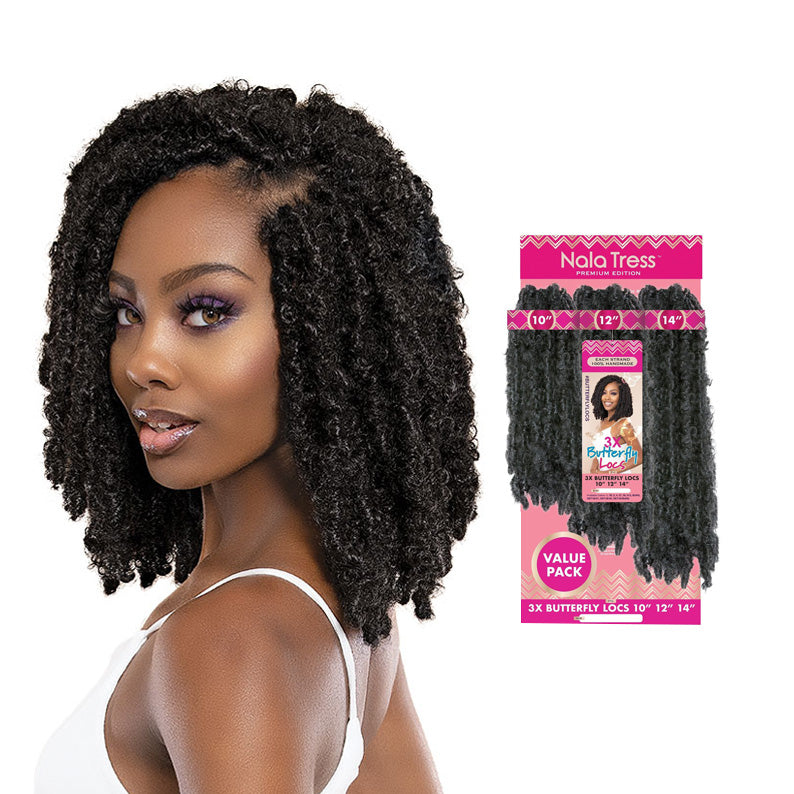JANET butterfly locs crochet hair braid shown on model with curly textured black locs and product packaging