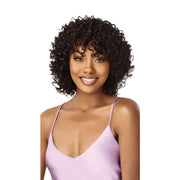 OUTRE curly short dark brown unprocessed human hair full cap wig on smiling model with fringe and shoulder length curls