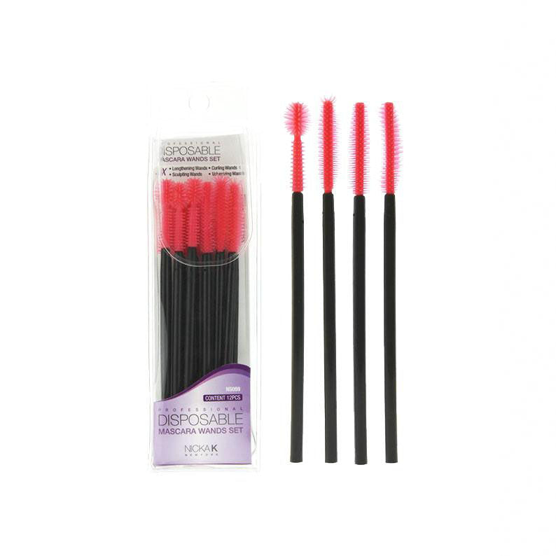 NICKA K disposable mascara wands pack with black handles and bright pink silicone brush heads set