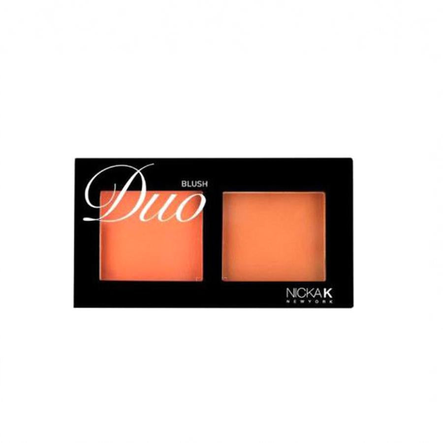 NICKA K duo blush palette with two shades of peach and coral blush in black compact case