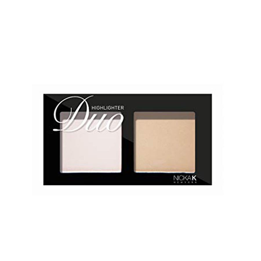 NICKA K duo highlighter makeup palette with two shimmering pans in white and champagne tones