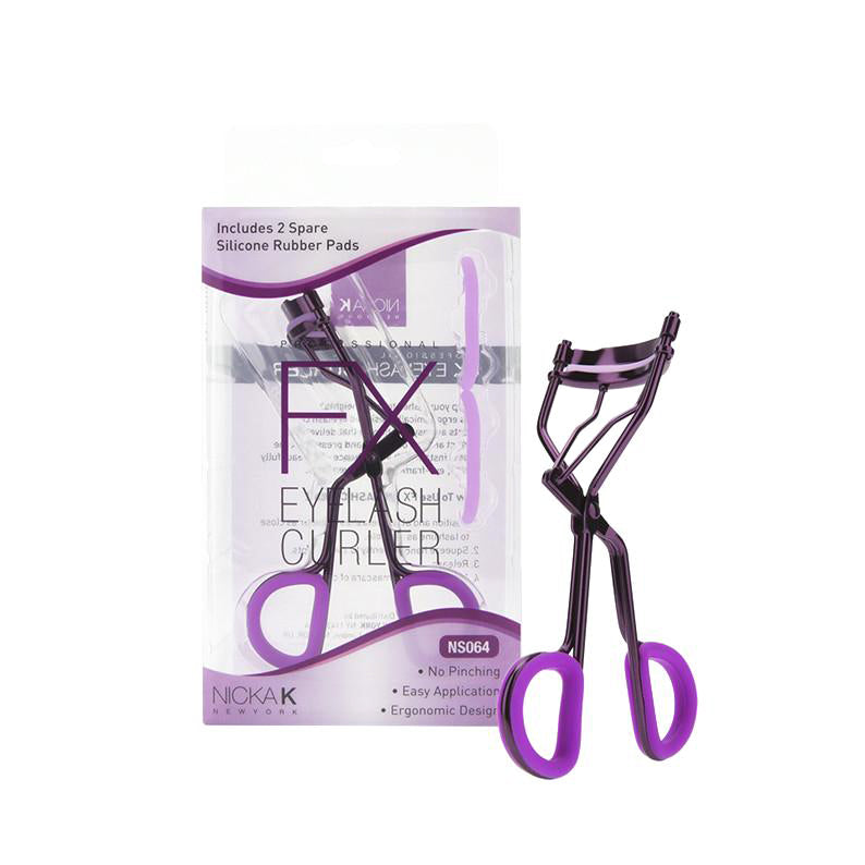 NICKA K purple eyelash curler with bow and spare silicone pads in clear retail packaging