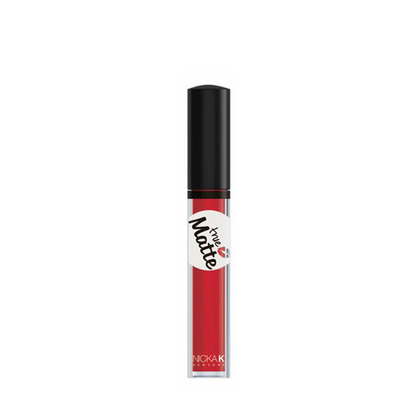 NICKA K true matte lipstick in vibrant red with black cap and clear tube