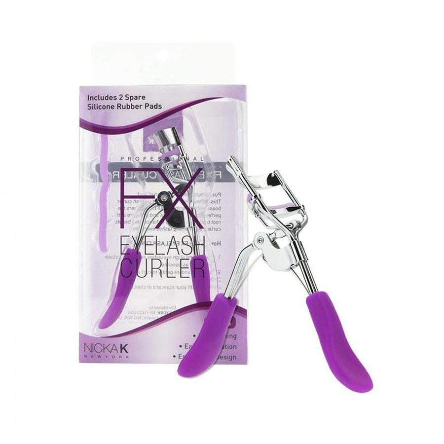 NICKA K purple handheld metal eyelash curler without bow in retail packaging for curling lashes