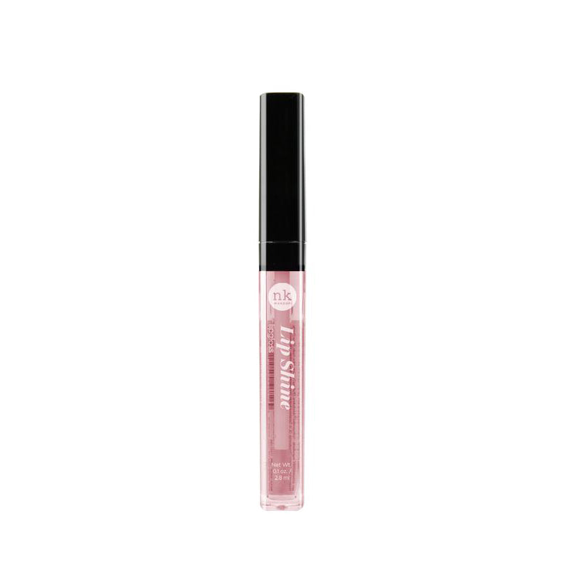 NICKA K hydrating lip shine gloss in a clear tube with black cap and soft pink shade