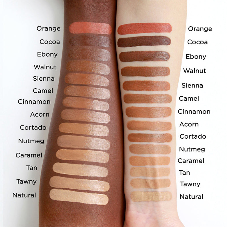 Nicka K full coverage makeup concealer shade swatches on light and dark arms showing 14 shades