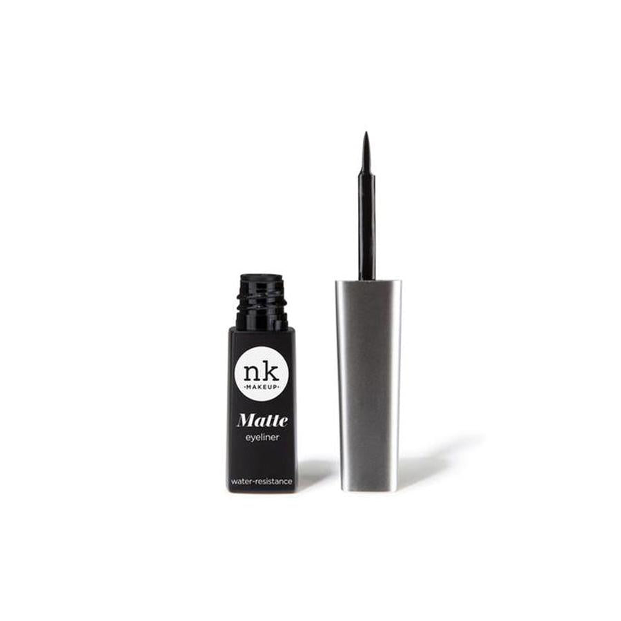 NICKA K open black matte eyeliner bottle with silver cap and brush tip waterproof liquid eyeliner