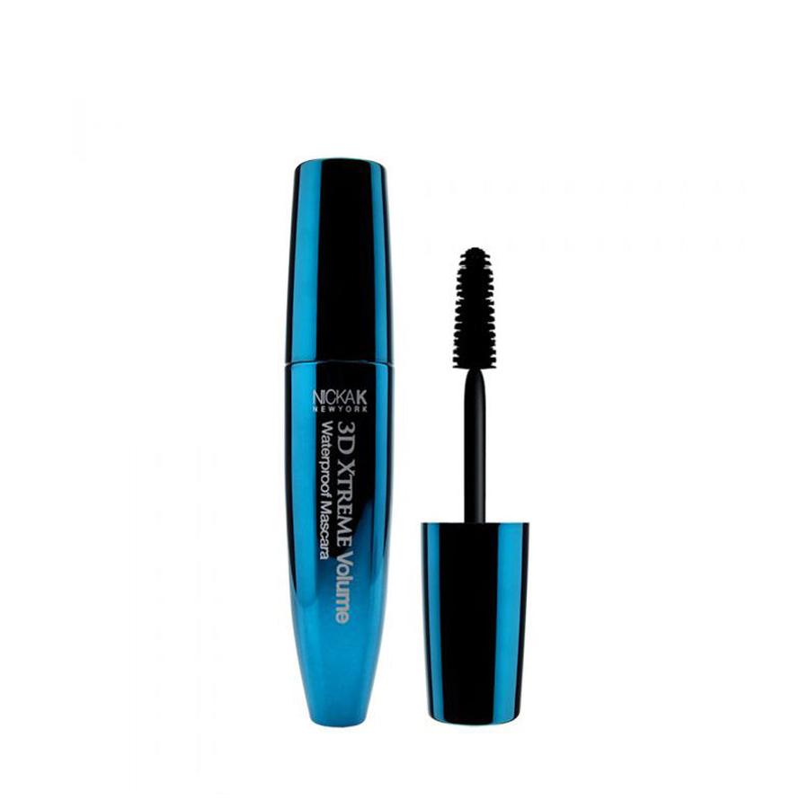 NICKA K blue metallic mascara tube with open wand and brush showing 3D Xtreme volume mascara packaging