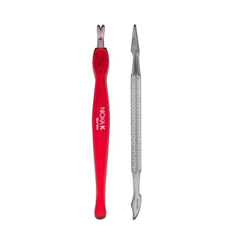 NICKA K cuticle pusher combo with red plastic handle and stainless steel metal tool for nail care