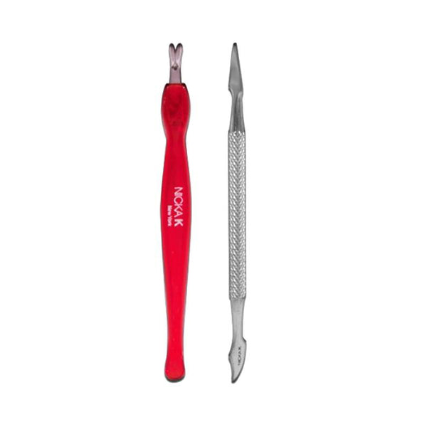 NICKA K cuticle pusher combo with red plastic handle and stainless steel metal tool for nail care