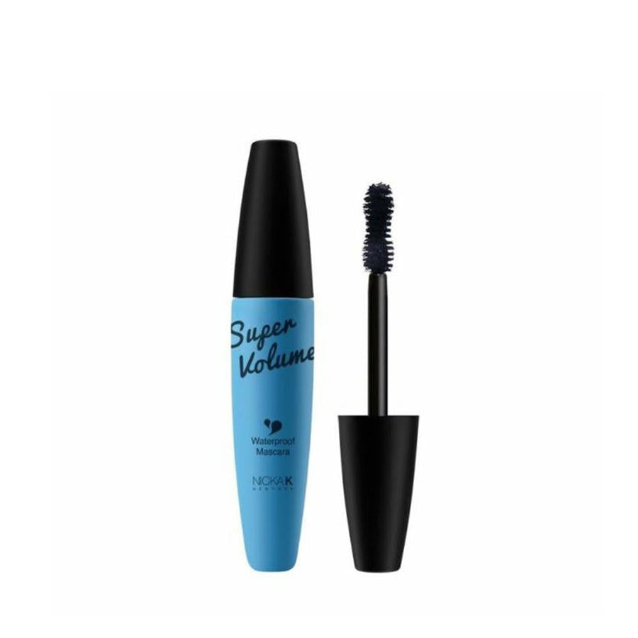 NICKA K waterproof mascara for sensitive eyes in blue tube with black cap and curved brush applicator