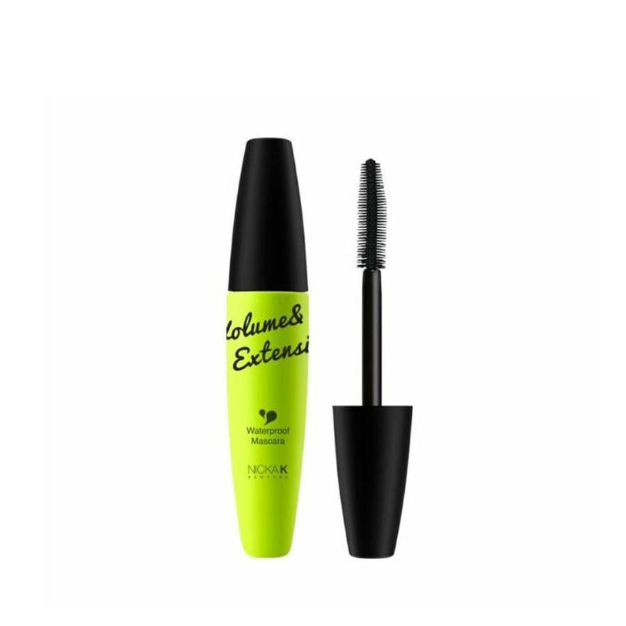 NICKA K waterproof mascara for sensitive eyes with bright green tube and black brush applicator