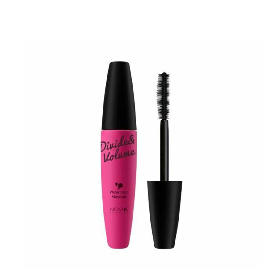 NICKA K waterproof mascara for sensitive eyes in pink tube with black wand for divided volume