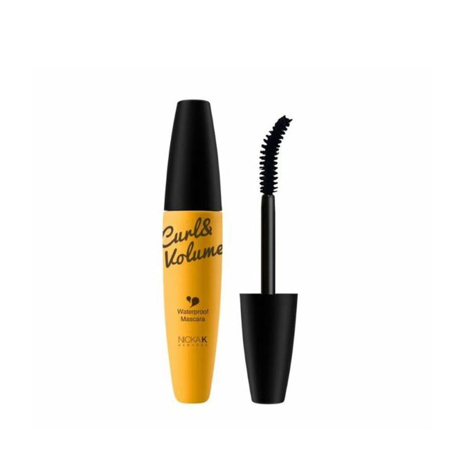 NICKA K waterproof mascara for sensitive eyes with curl and volume formula in yellow and black packaging